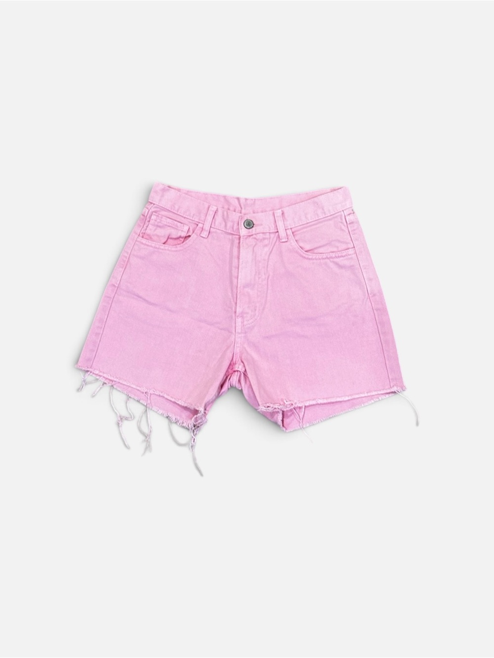Pastel Pink Frayed Mid-Rise Denim Shorts 100% Cotton